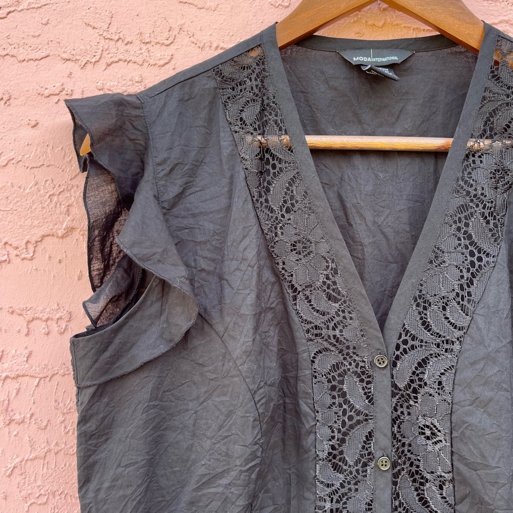 Vintage Moda International Black Lace Panels Button Up Top Y2K Size Small